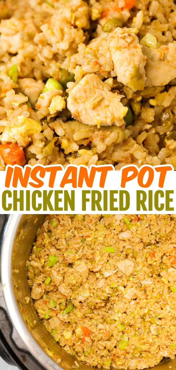 Instant Pot Chicken Fried Rice is an easy pressure cooker dinner recipe made with long grain white rice, boneless skinless chicken breasts, scrambled eggs and peas and carrots all seasoned with chicken broth, soy sauce and toasted sesame oil.