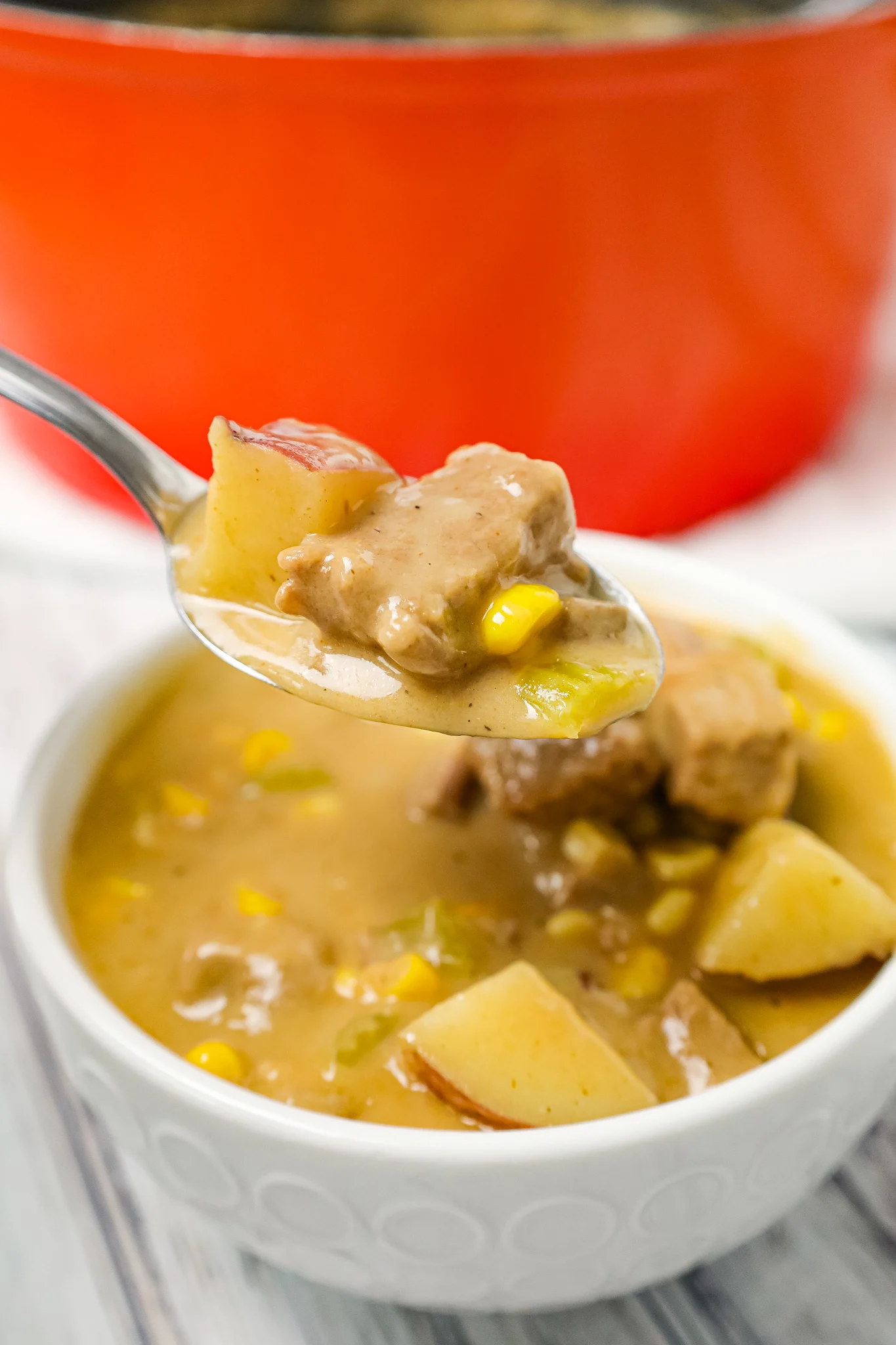 Steak and Potato Soup is a hearty soup recipe loaded with chunks of steak, potatoes, chopped celery and corn.