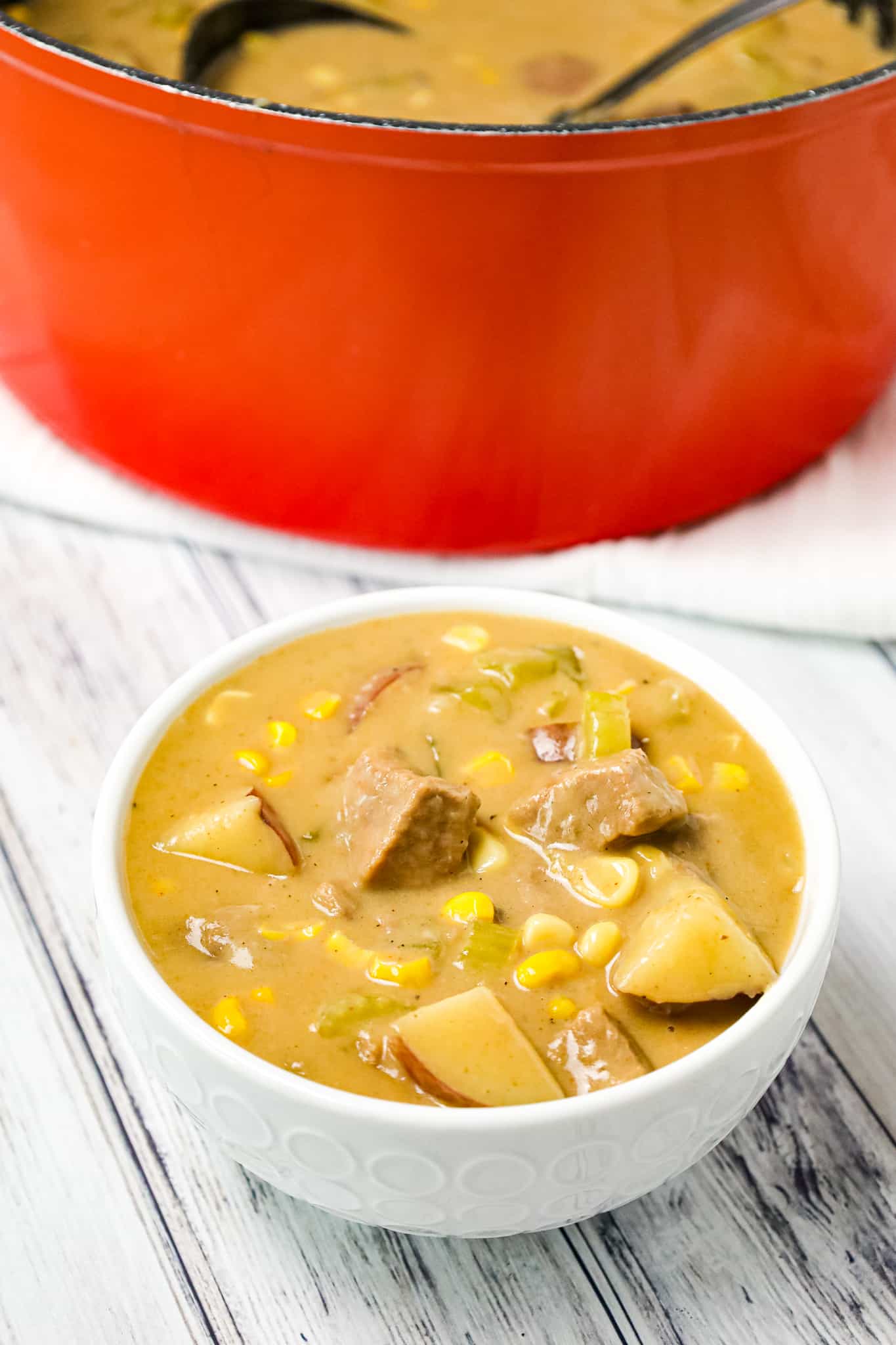 Steak and Potato Soup is a hearty soup recipe loaded with chunks of steak, potatoes, chopped celery and corn.