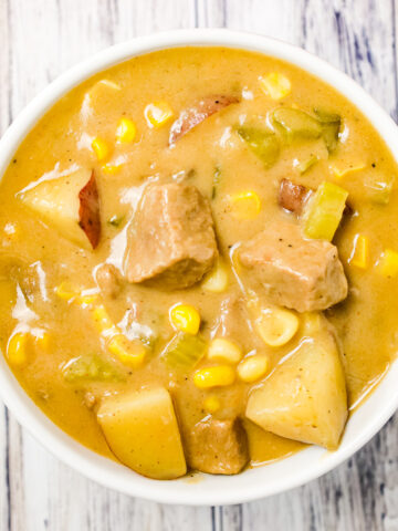 Steak and Potato Soup is a hearty soup recipe loaded with chunks of steak, potatoes, chopped celery and corn.