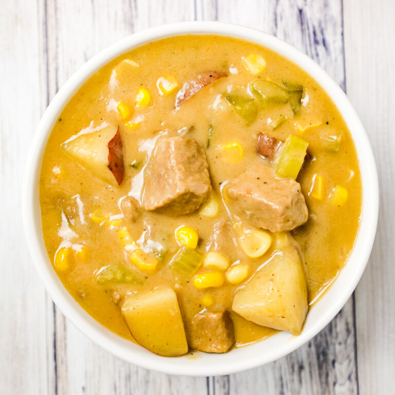Steak and Potato Soup is a hearty soup recipe loaded with chunks of steak, potatoes, chopped celery and corn.