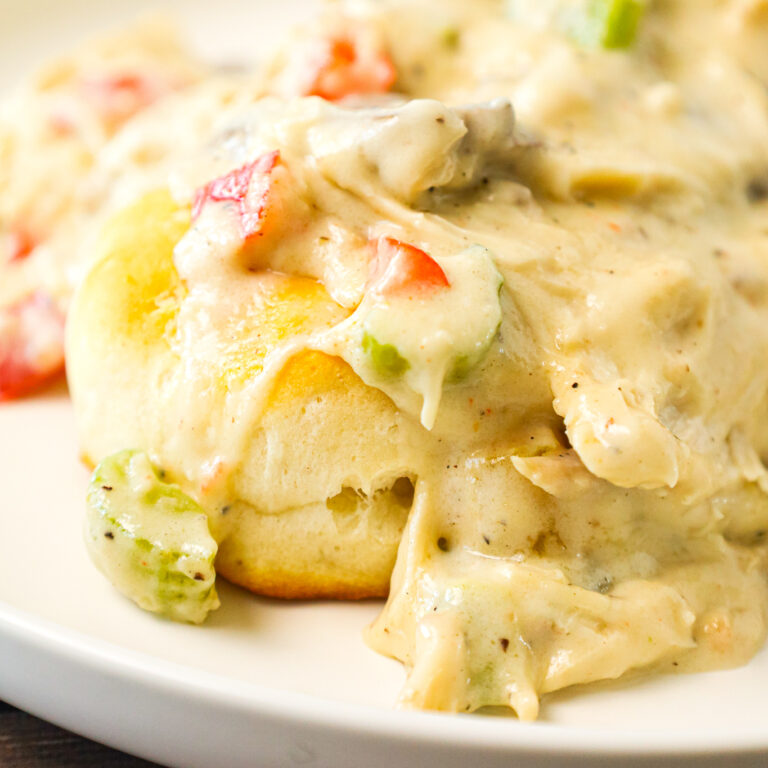 Turkey a la King is a hearty dinner recipe using leftover turkey in a creamy sauce with diced celery, mushrooms, green peppers and red peppers.