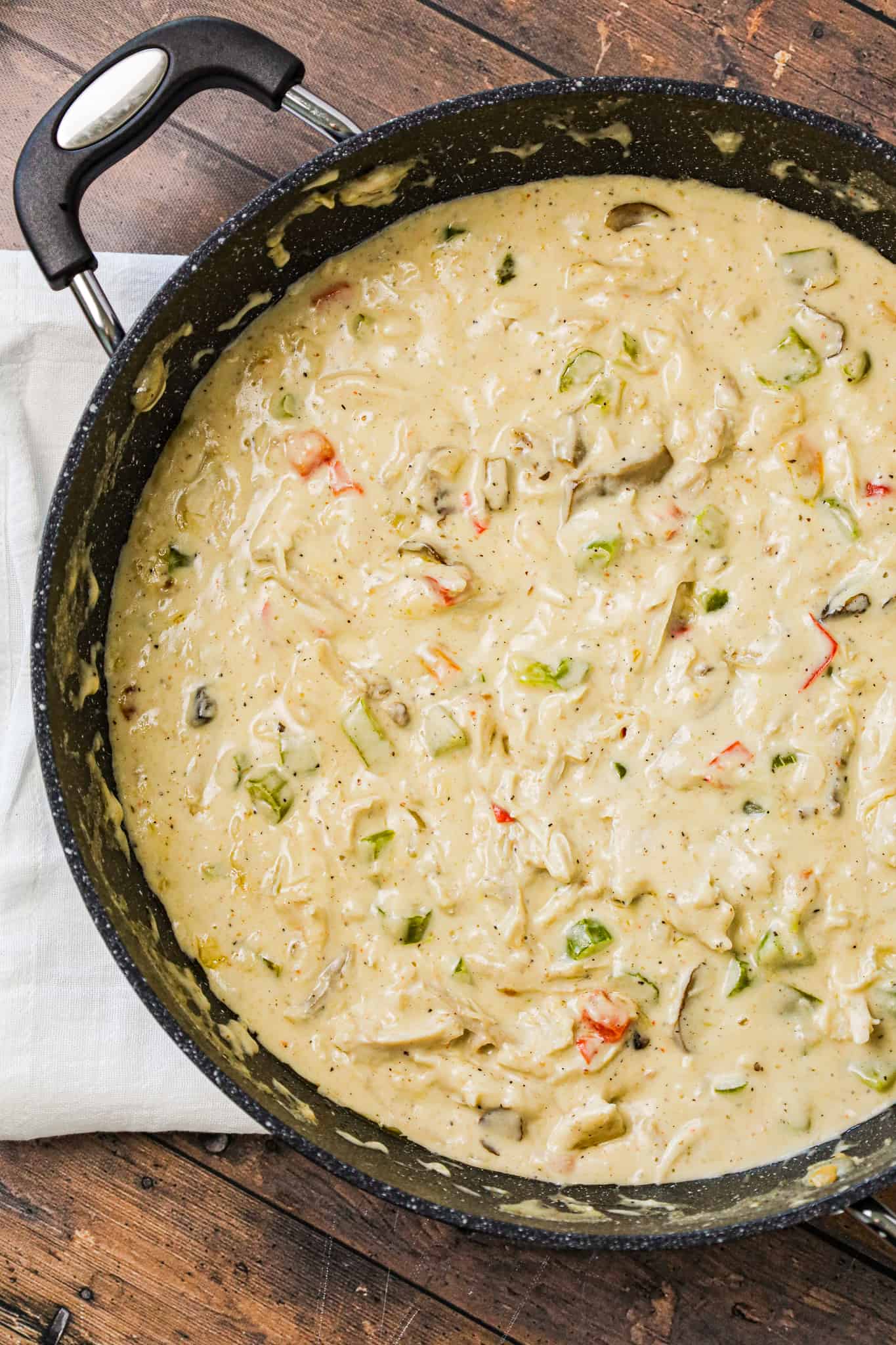 Turkey a la King is a hearty dinner recipe using leftover turkey in a creamy sauce with diced celery, mushrooms, green peppers and red peppers.
