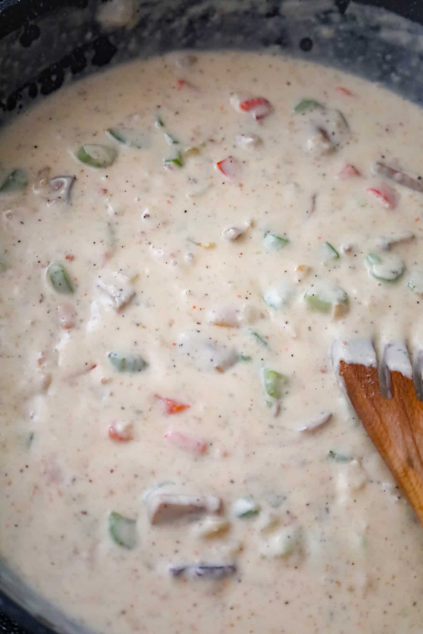 creamy vegetable mixture in a skillet