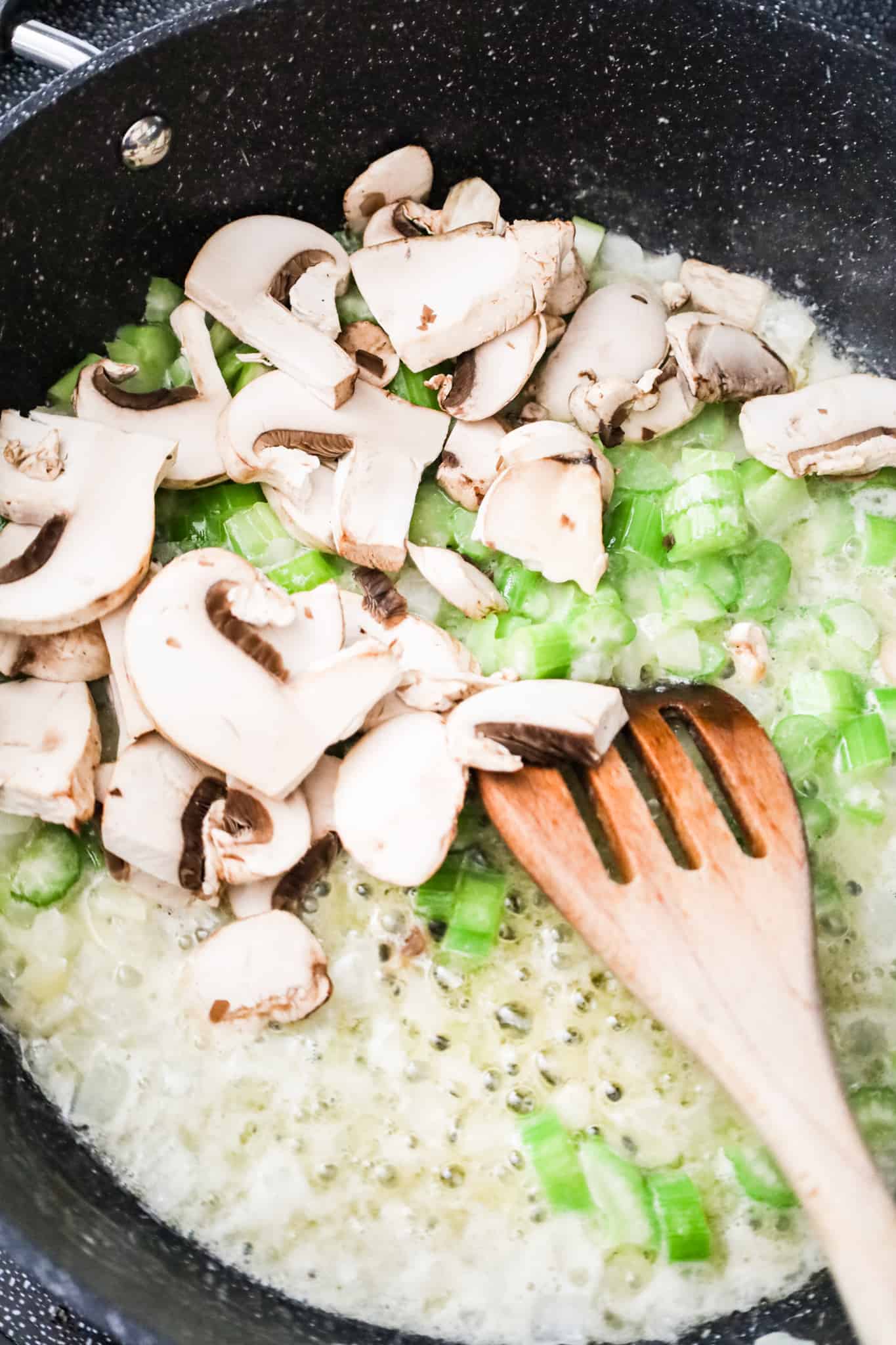 sliced mushrooms, diced celery, onions and melted butter in a skillet