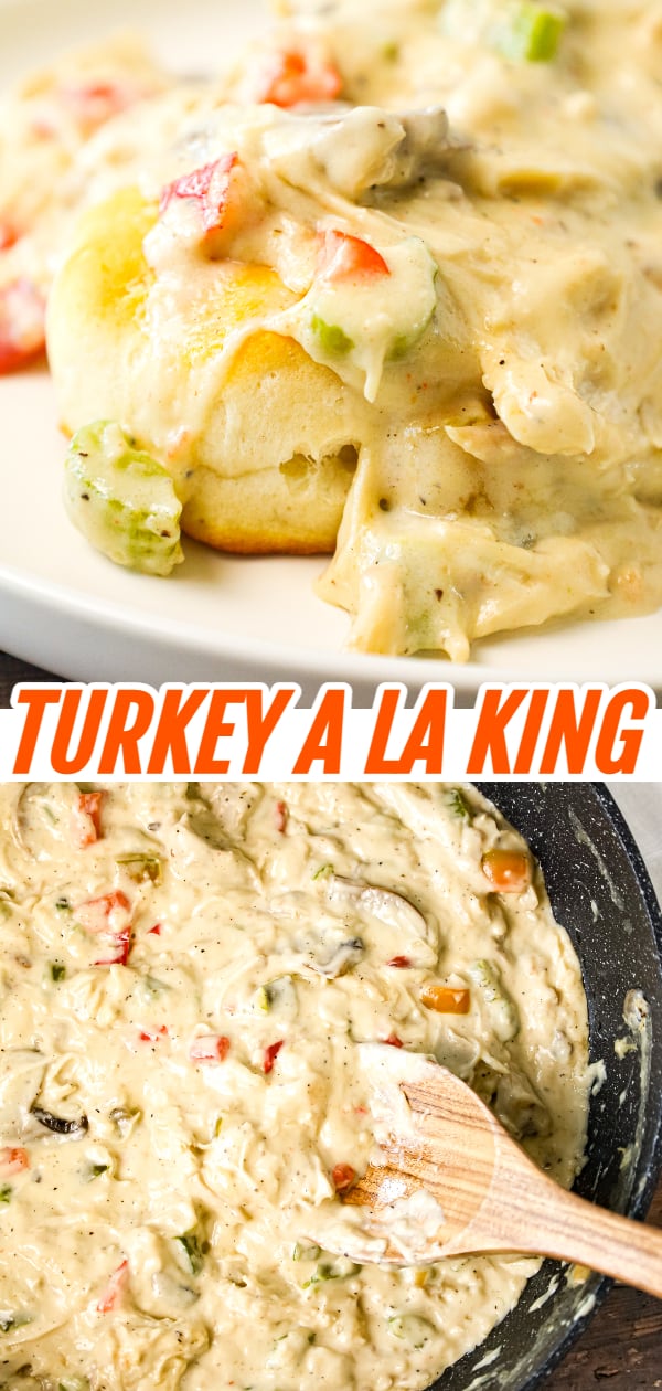Turkey a la King is a hearty dinner recipe using leftover turkey in a creamy sauce with diced celery, mushrooms, green peppers and red peppers.