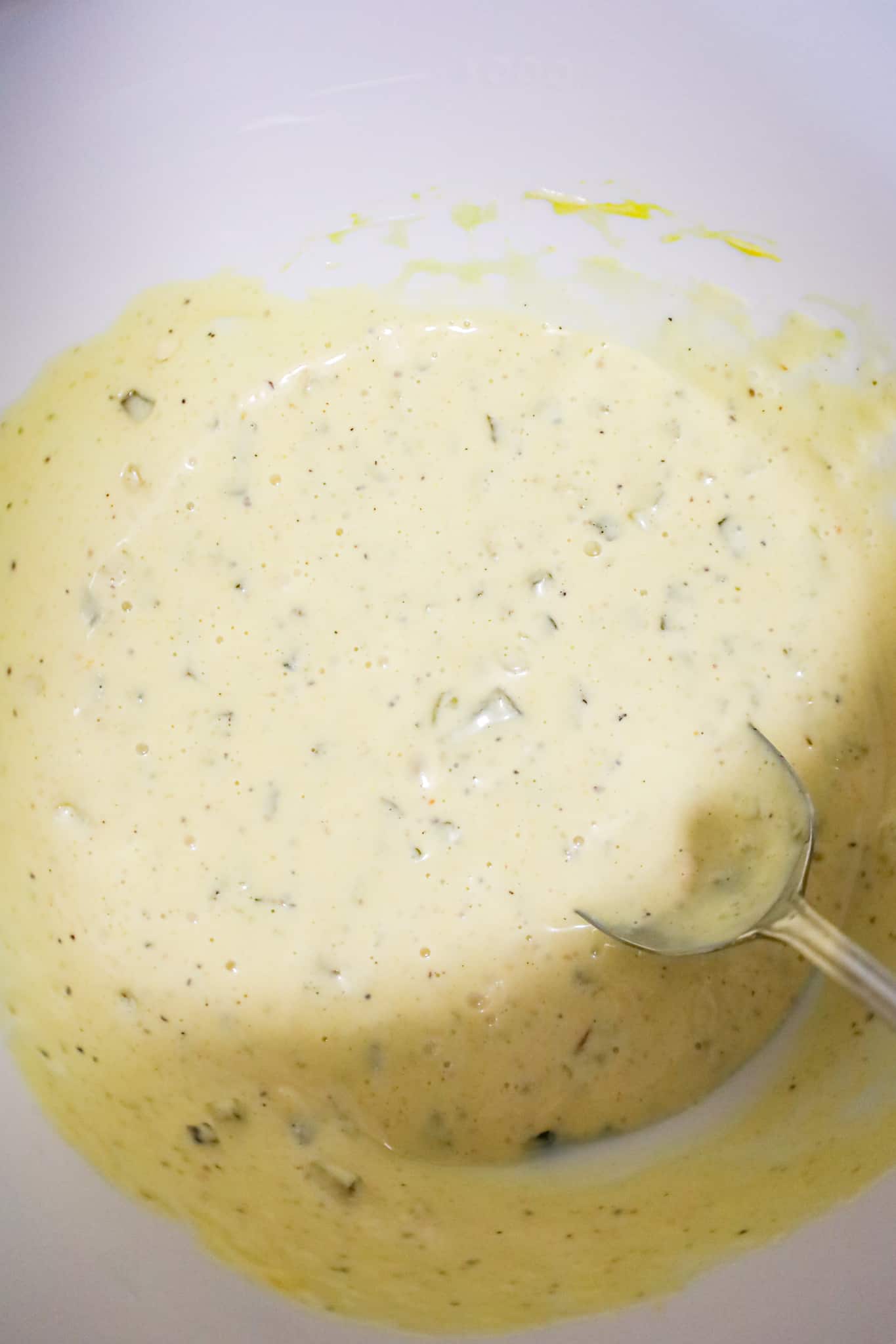 mayo, relish and mustard mixture in a mixing bowl