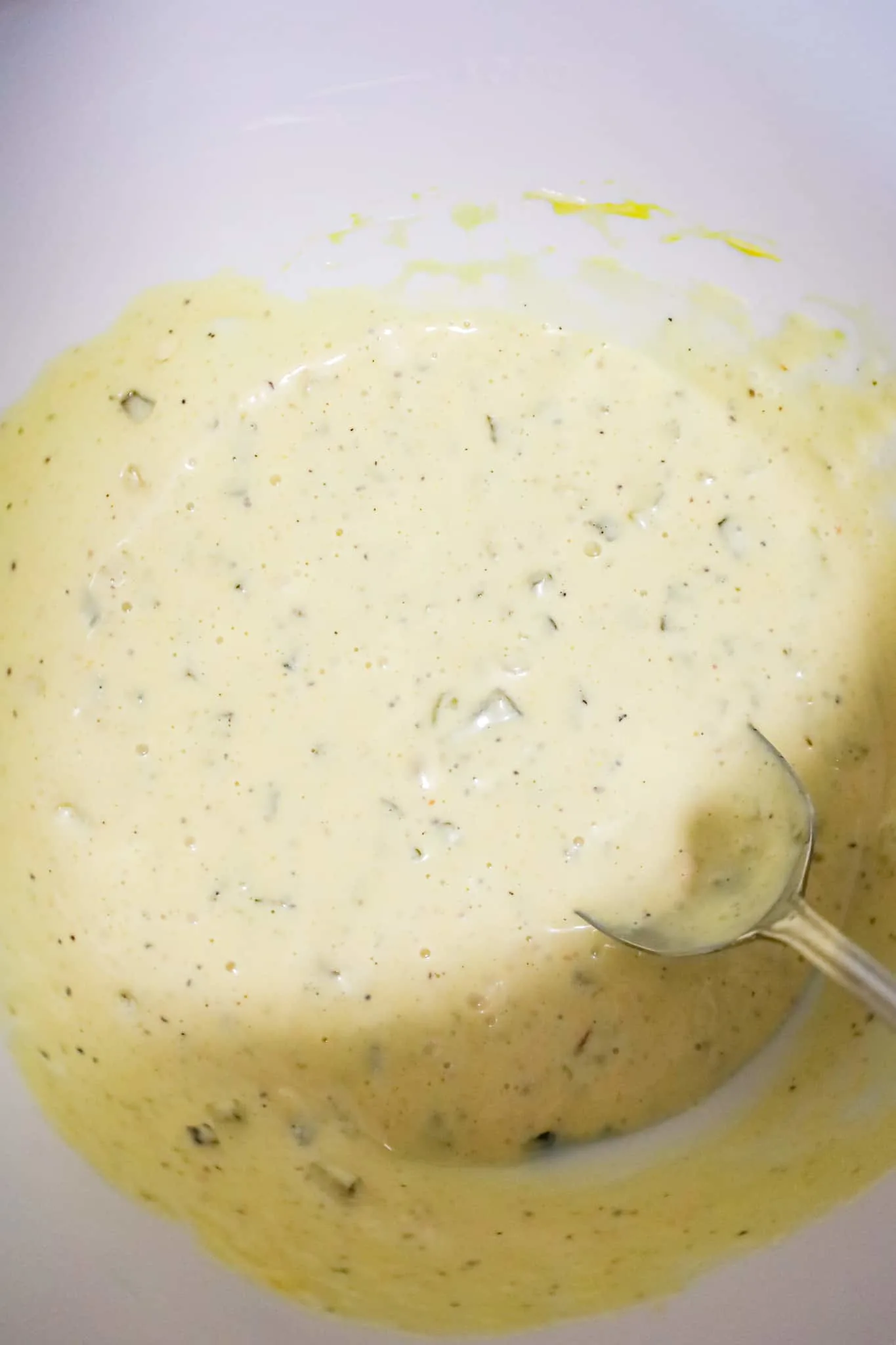 mayo, relish and mustard mixture in a mixing bowl
