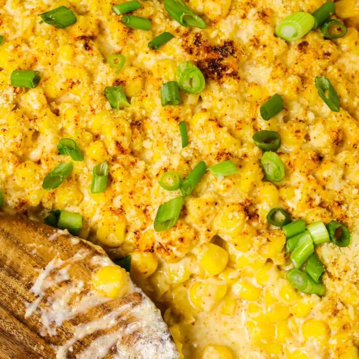 Mexican Corn Casserole is a creamy corn casserole made with frozen corn kernels tossed in sour cream, mayo, chili powder, garlic powder and parmesan cheese.