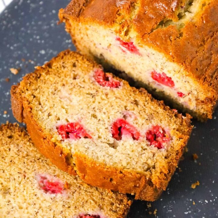 Raspberry Banana Bread is a tasty treat made with ripe bananas and loaded with fresh raspberries.