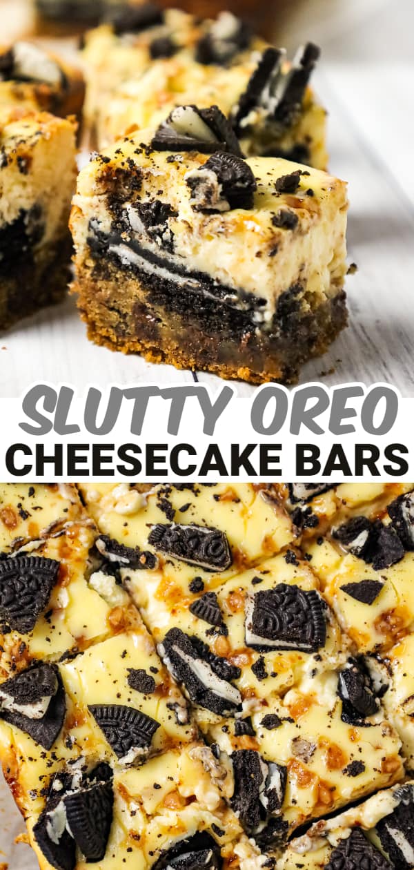 Slutty Cheesecake Bars are a decadent dessert recipe with a base of chocolate chip cookie dough topped with Oreo cookies, cheesecake and Skor toffee bits.