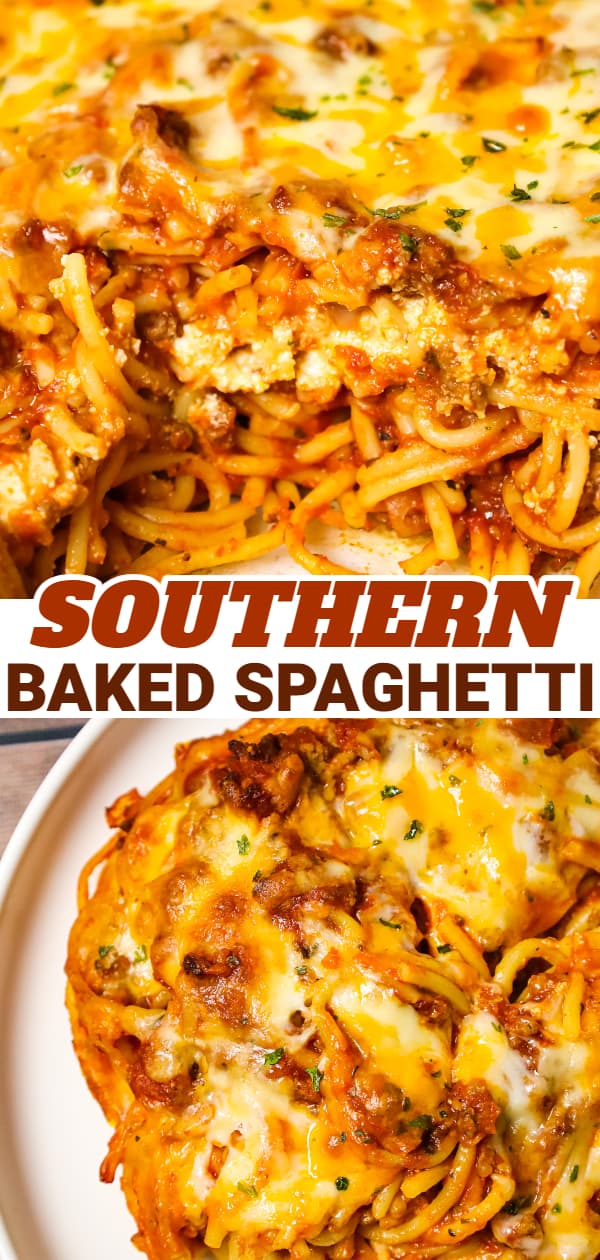 Southern Baked Spaghetti is a hearty baked pasta recipe loaded with ground beef, marinara, ricotta, parmesan, cheddar and mozzarella cheese.