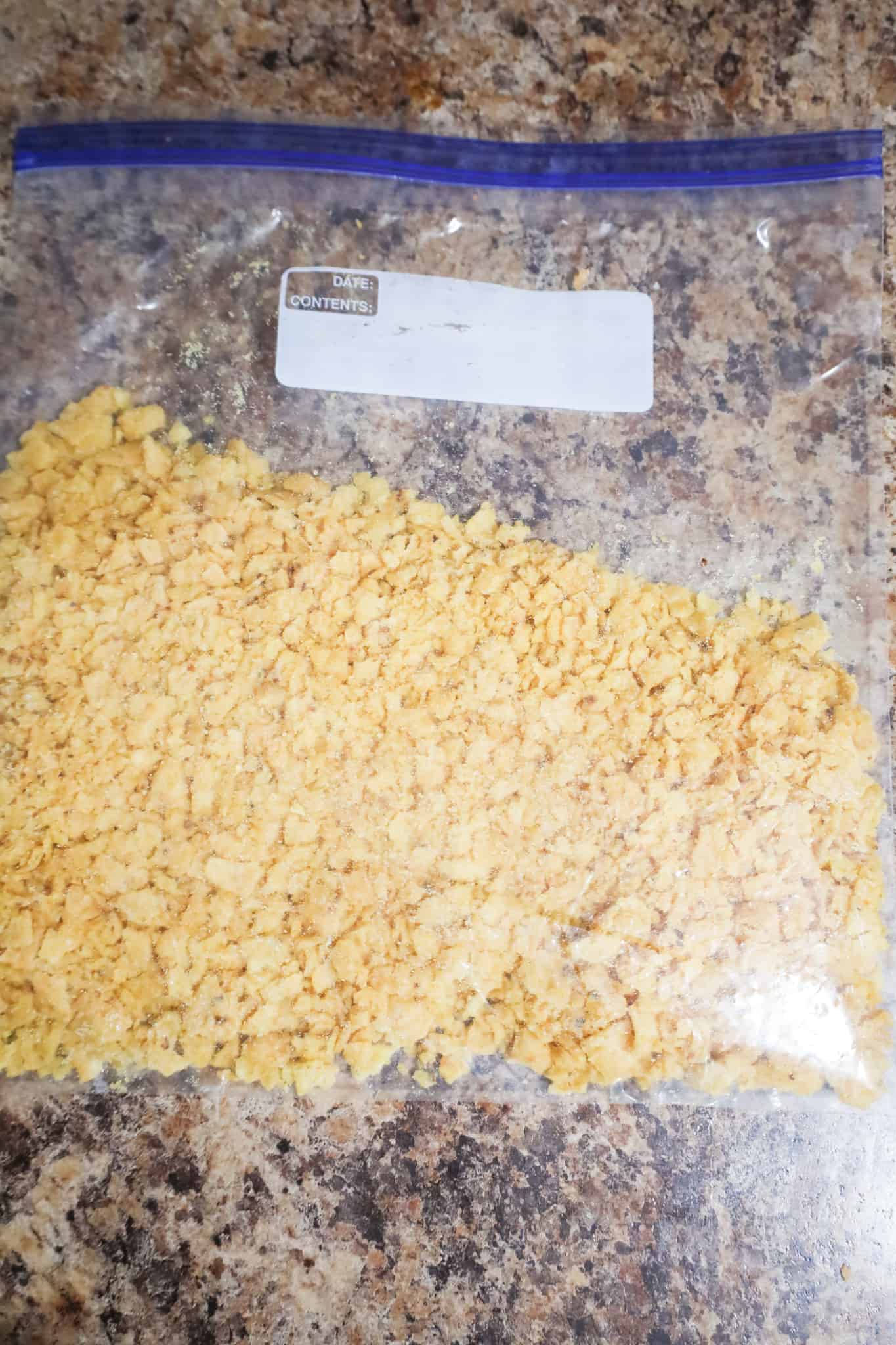 crushed corn chips in a ziploc bag