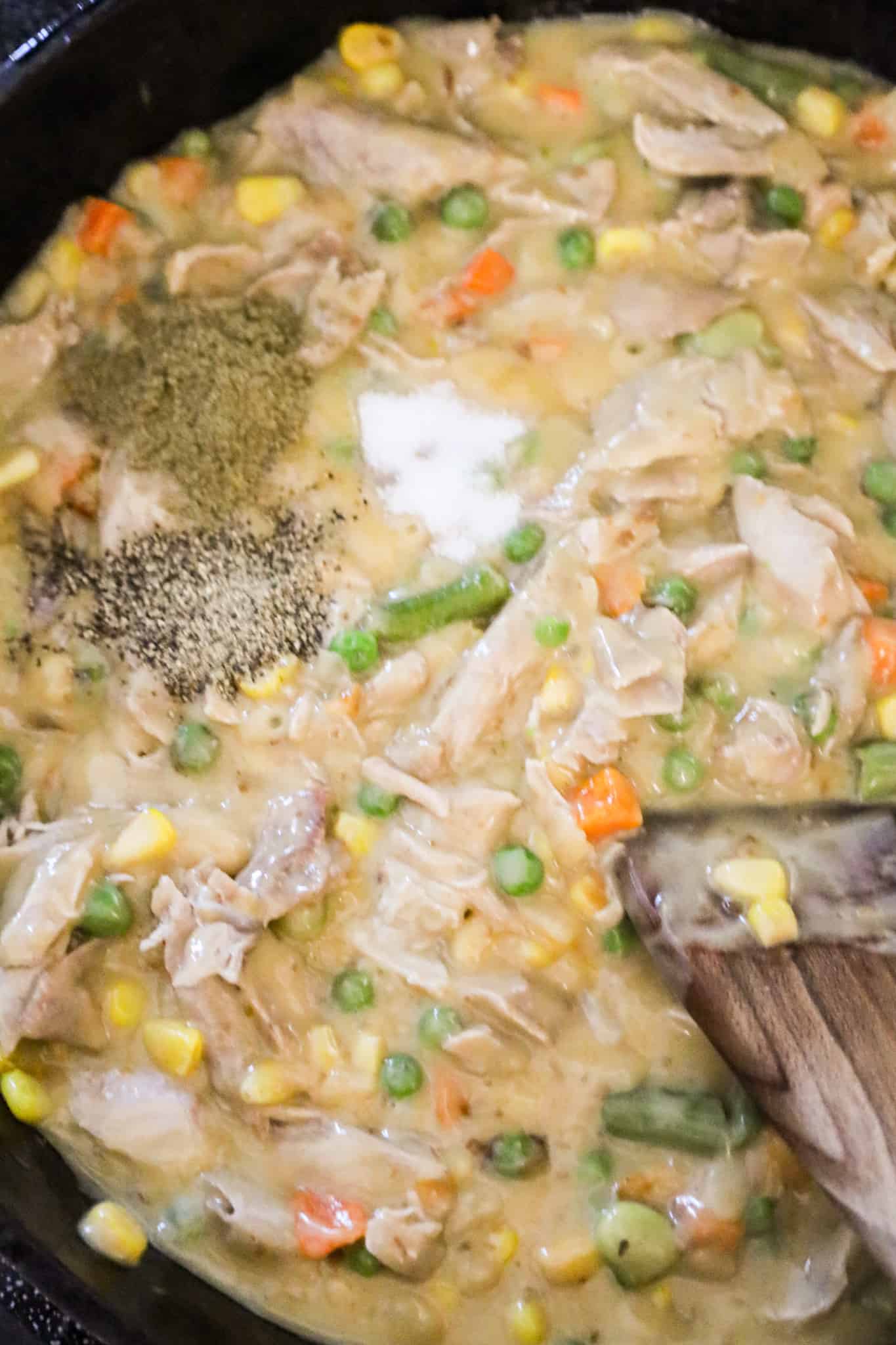 spices on top of shredded turkey and veggies mixture in a skillet