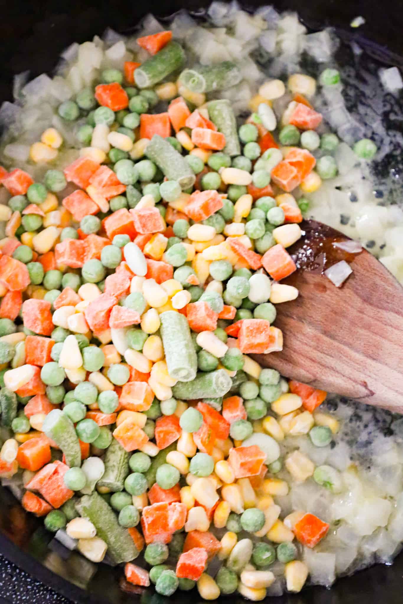 frozen mixed vegetables in a skillet
