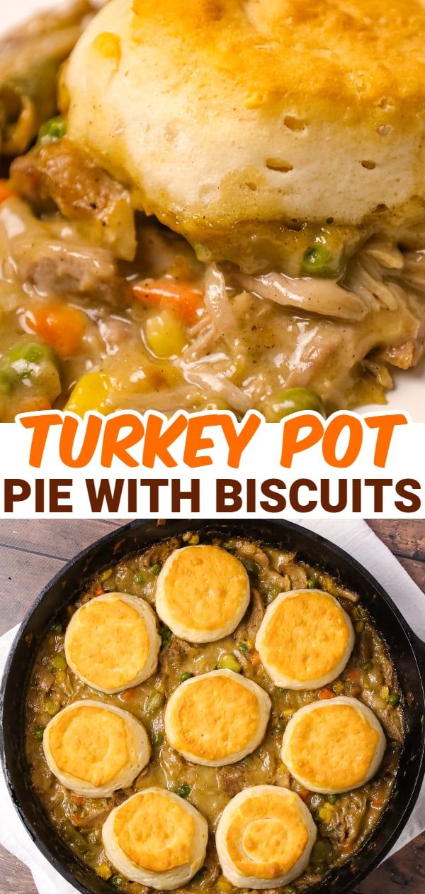 Turkey Pot Pie with Biscuits is an easy recipe loaded with frozen veggies, leftover Thanksgiving turkey, cream of chicken soup and refrigerated biscuits.