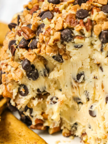 Chocolate Chip Cheese Ball is a tasty dessert dip recipe perfect for parties loaded with cream cheese, mini chocolate chips, toffee bits and chopped pecans.