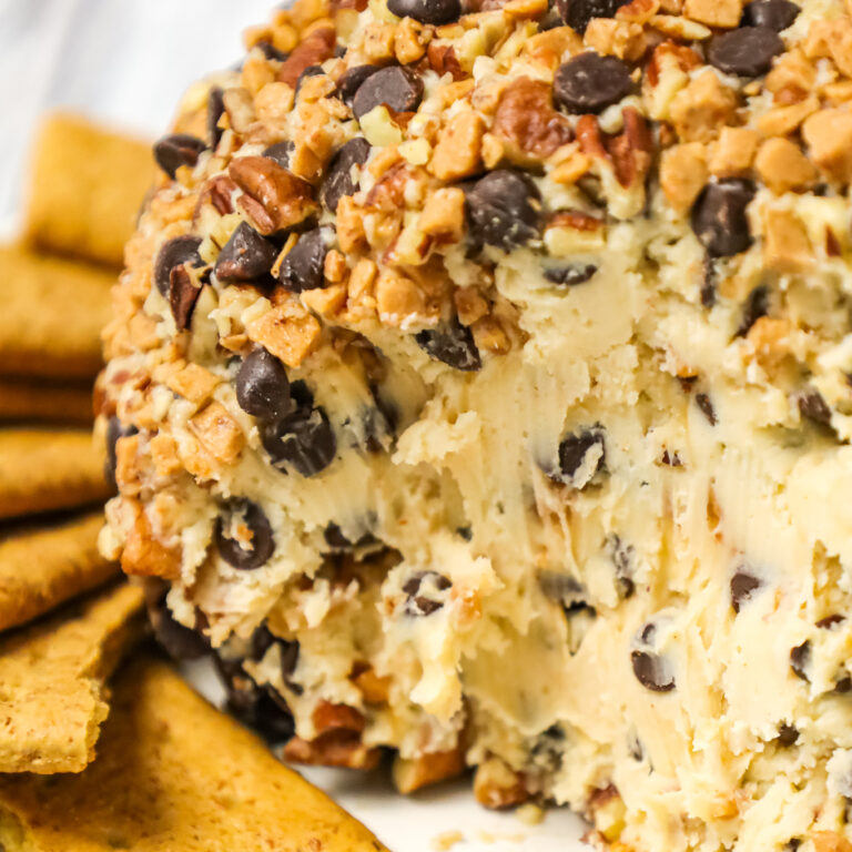 Chocolate Chip Cheese Ball is a tasty dessert dip recipe perfect for parties loaded with cream cheese, mini chocolate chips, toffee bits and chopped pecans.