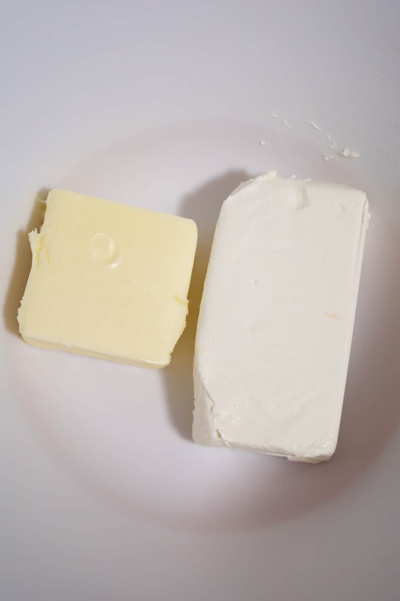 butter and cream cheese in a mixing bowl