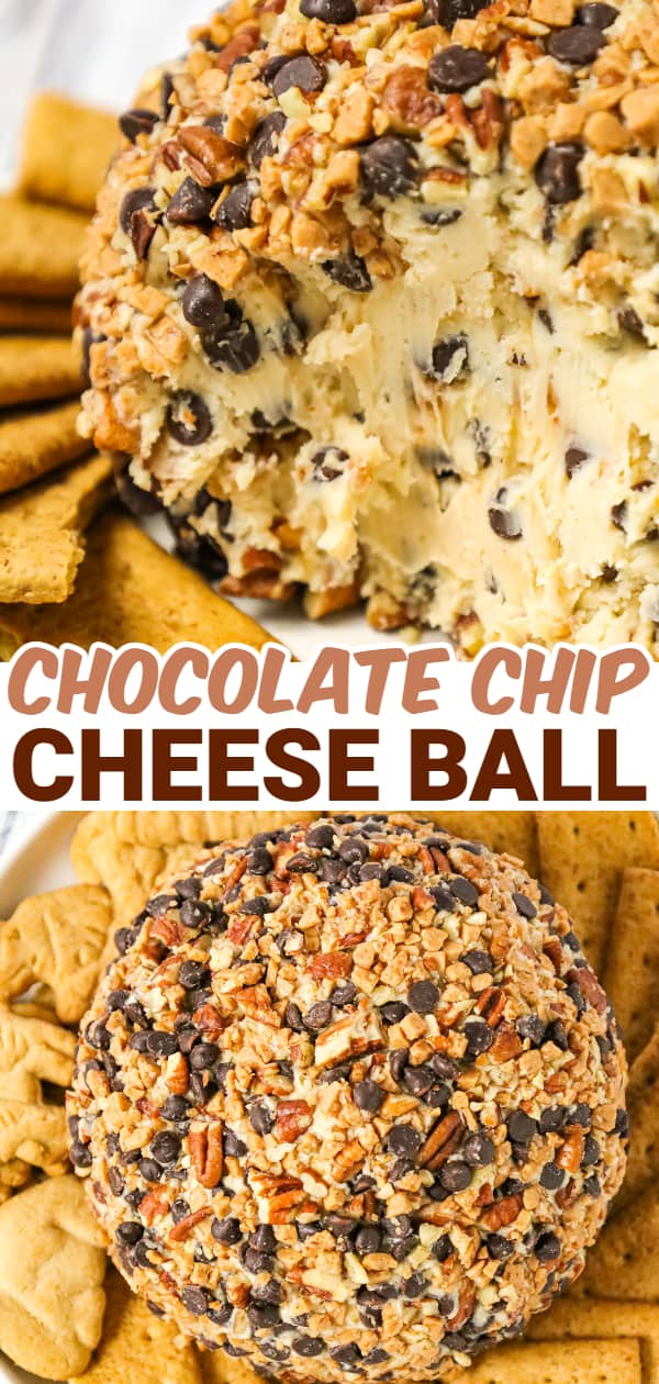 Chocolate Chip Cheese Ball is a tasty dessert dip recipe perfect for parties loaded with cream cheese, mini chocolate chips, toffee bits and chopped pecans.