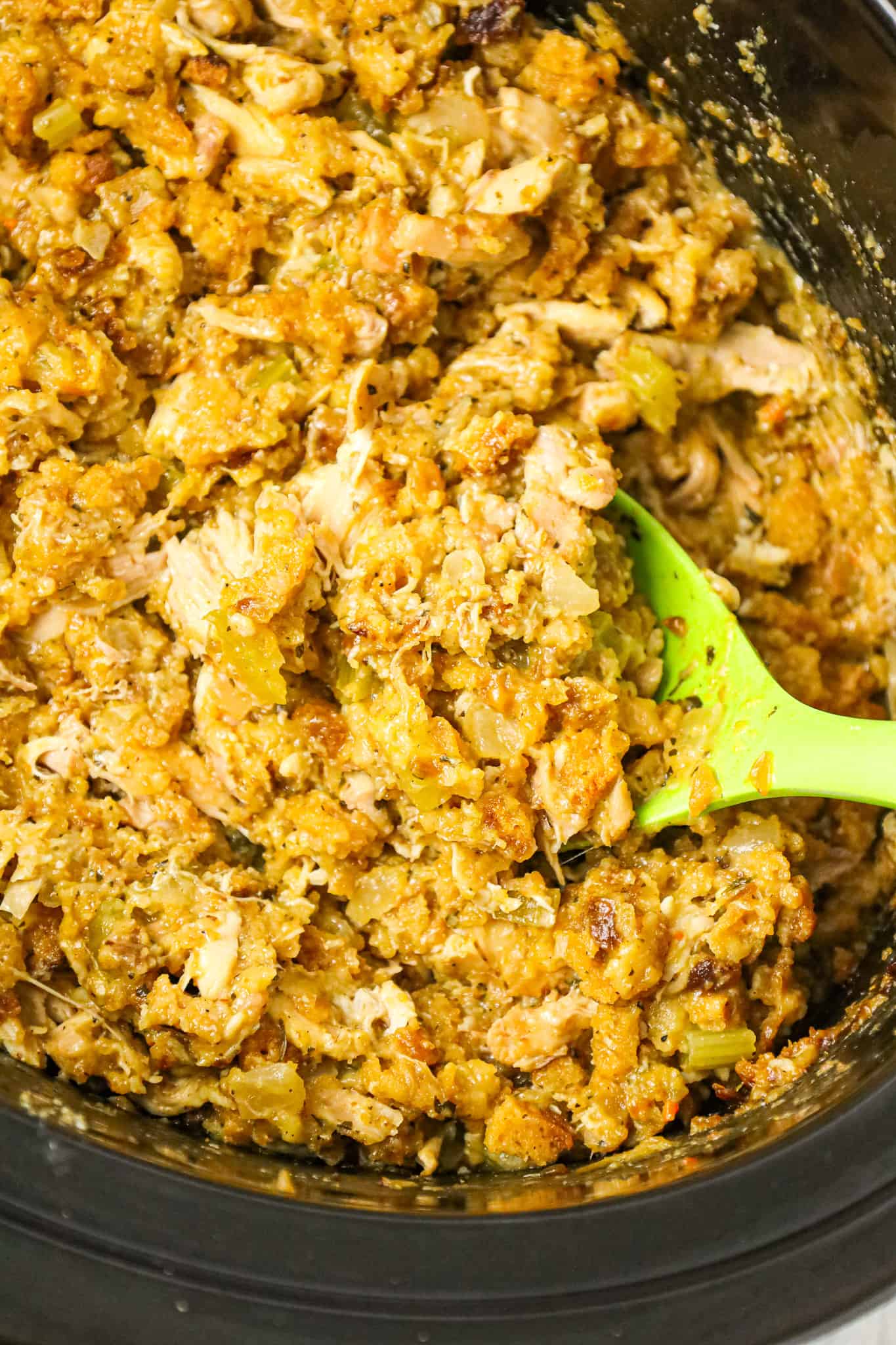 Crock Pot Chicken and Stuffing is a hearty slow cooker dinner recipe made with boneless, skinless chicken thighs and Stove Top stuffing mix.