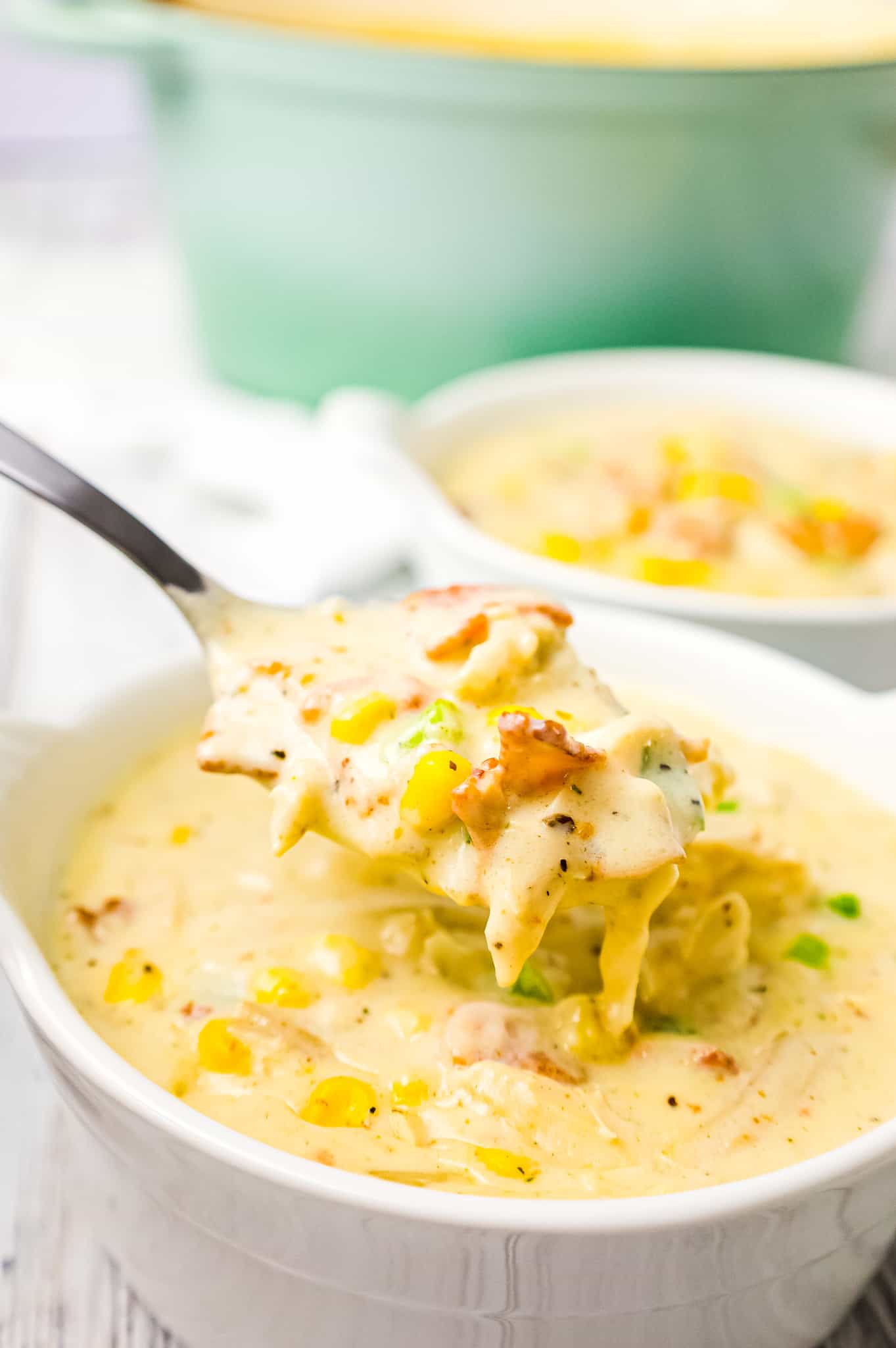 Turkey Corn Chowder with Bacon is a creamy soup recipe loaded with shredded turkey, corn, bacon and chopped green onions.