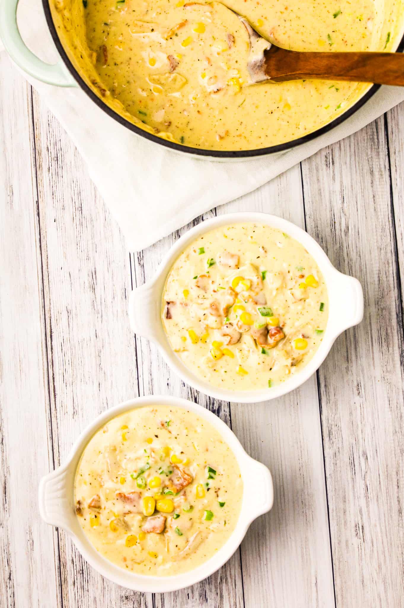 Turkey Corn Chowder with Bacon is a creamy soup recipe loaded with shredded turkey, corn, bacon and chopped green onions.