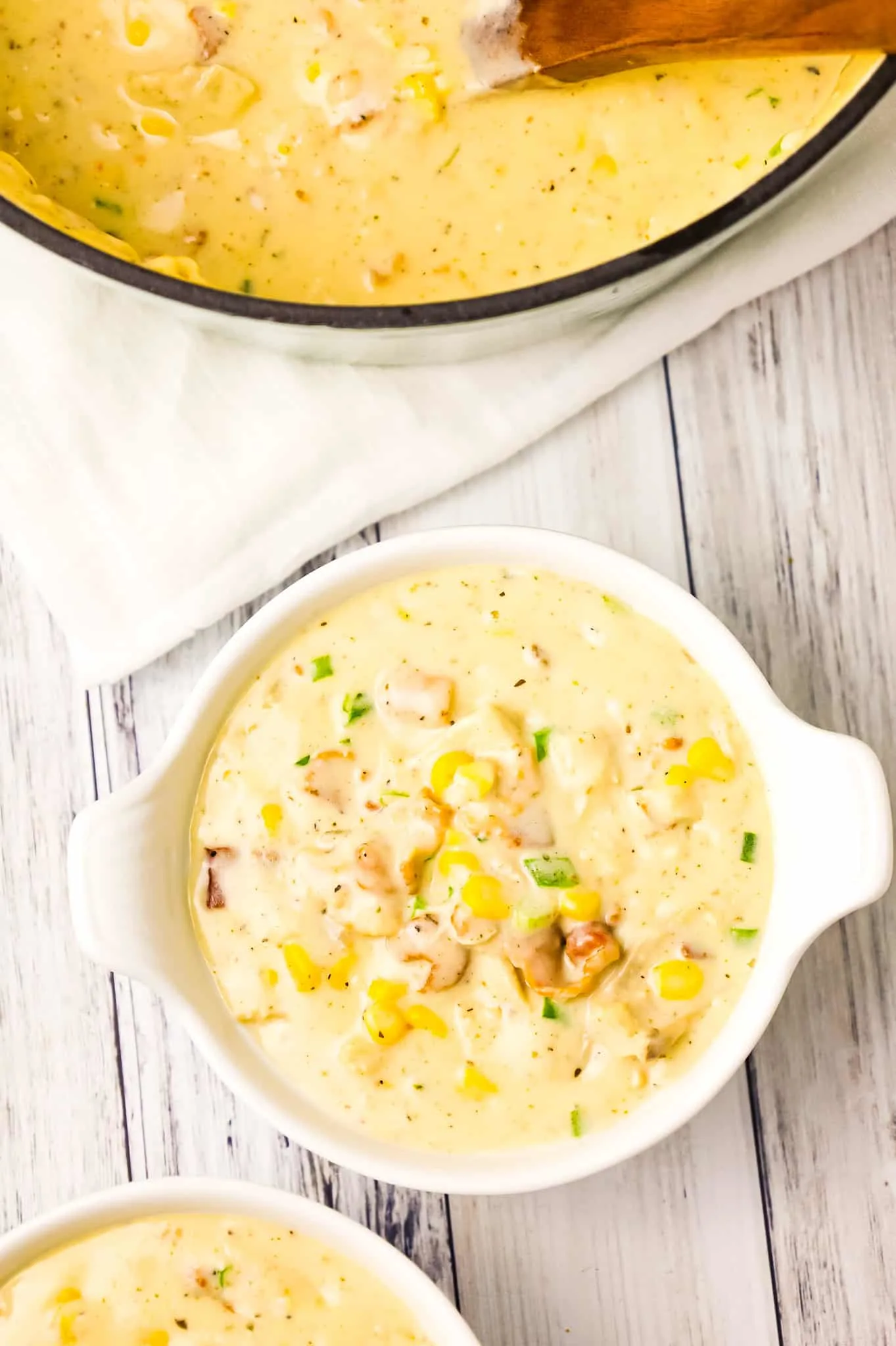 Turkey Corn Chowder with Bacon is a creamy soup recipe loaded with shredded turkey, corn, bacon and chopped green onions.