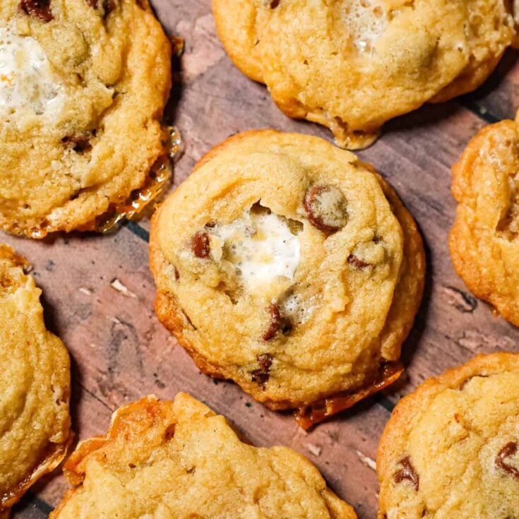 Chocolate Chip Marshmallow Cookies are delicious chewy cookies loaded with semi sweet chocolate chips and gooey mini marshmallows.