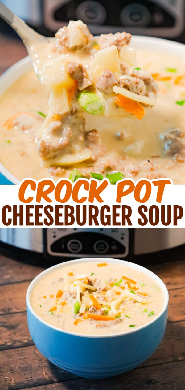 Crock Pot Cheeseburger Soup is a hearty slow cooker soup recipe loaded with ground beef, diced hash brown potatoes, chopped green onions, mozzarella and cheddar cheese.