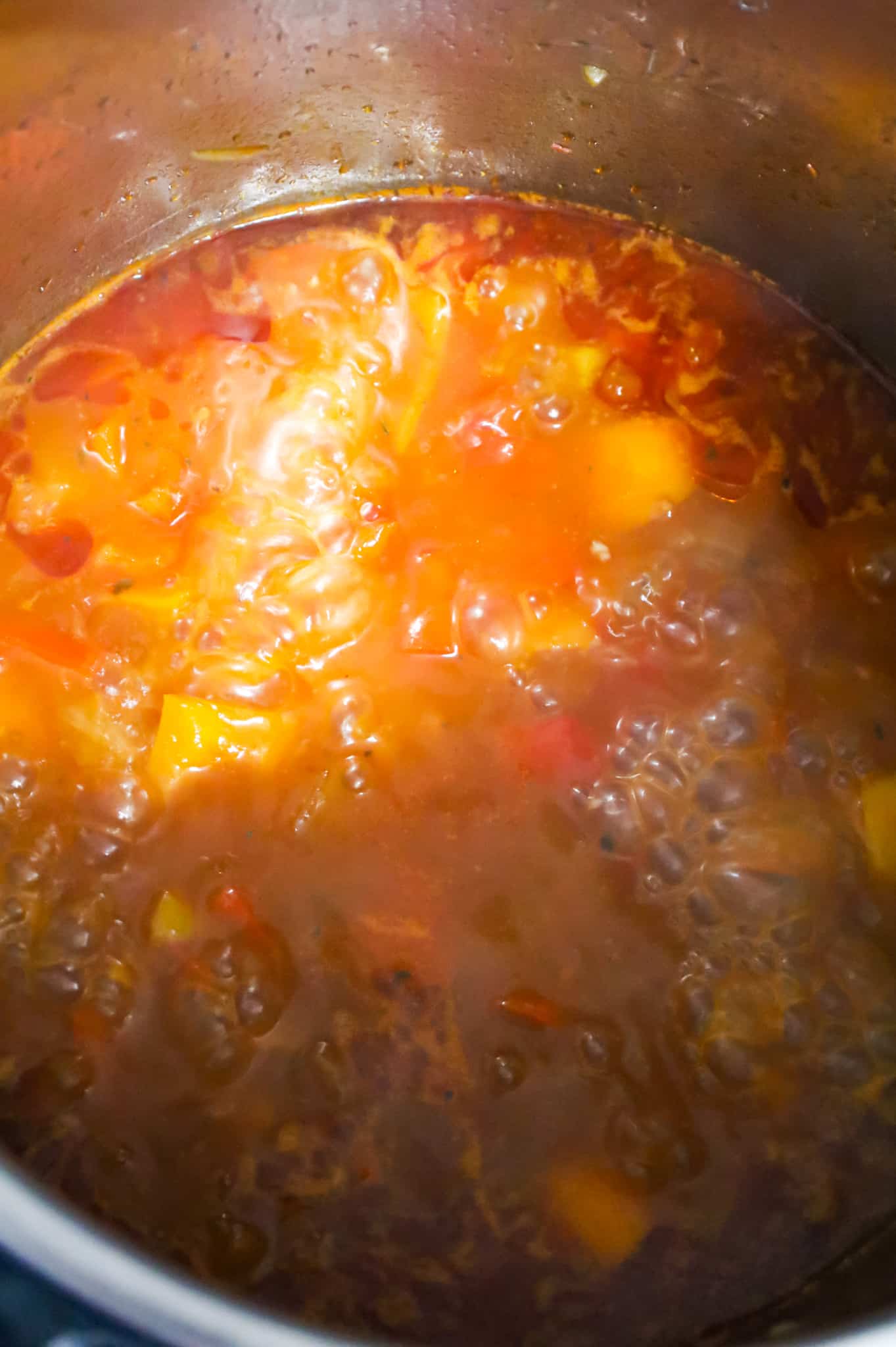 peppers and onions in tomato sauce mixture after pressure cooking