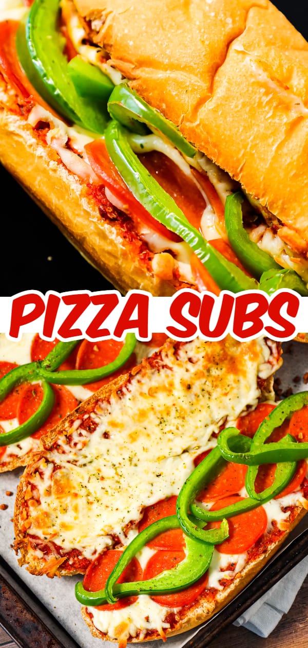 Pizza Subs are an easy weeknight dinner recipe using 9 inch sub rolls loaded with pizza sauce, mozzarella cheese, pepperoni and green peppers and then baked until perfectly toasted.