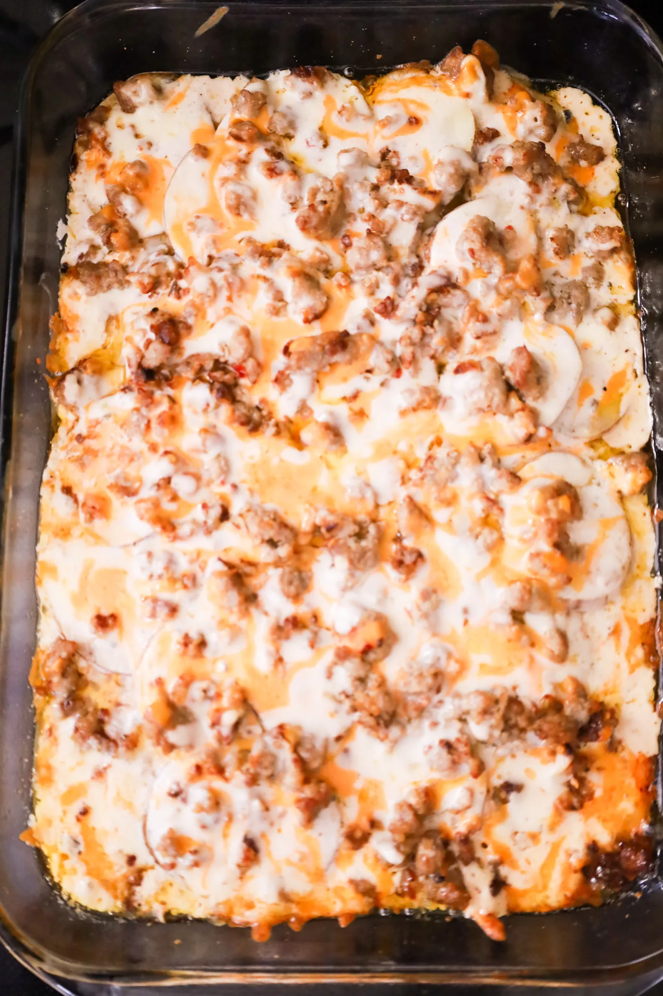 sausage and potato casserole after baking covered