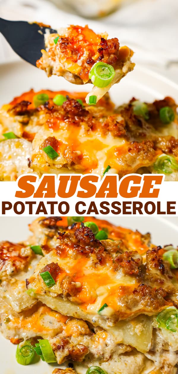 Sausage Potato Casserole is a hearty dinner recipe with layers of sliced potatoes loaded with crumbled Italian sausage and shredded sausage all cooked in a cream of mushroom soup and sour cream mixture.
