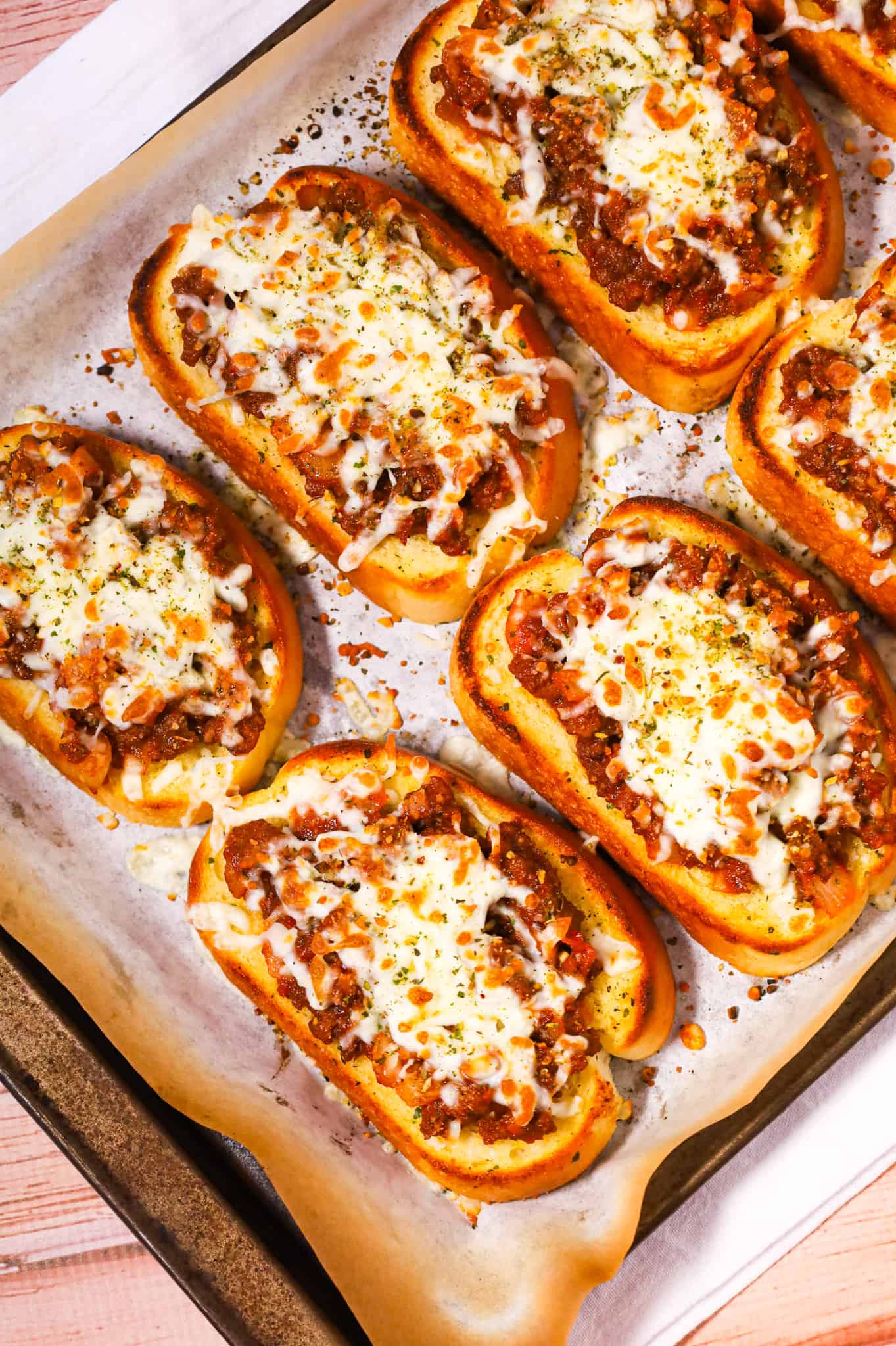 Texas Toast Sloppy Joes are an easy ground beef dinner recipe made with frozen Texas toast garlic bread slices and loaded with sloppy joe ground beef  and shredded cheese.