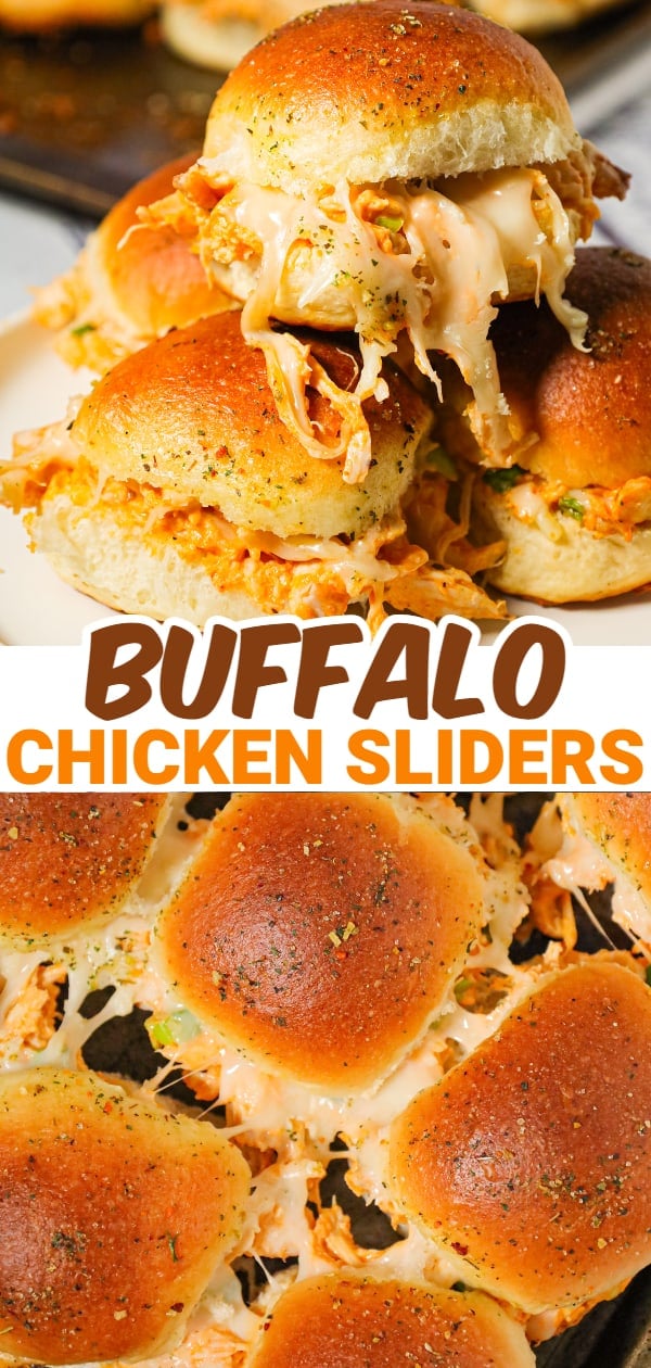 Buffalo Chicken Sliders are an easy weeknight dinner recipe using shredded rotisserie chicken, Buffalo sauce, ranch dressing, shredded cheese and chopped green onions all baked on dinner rolls.