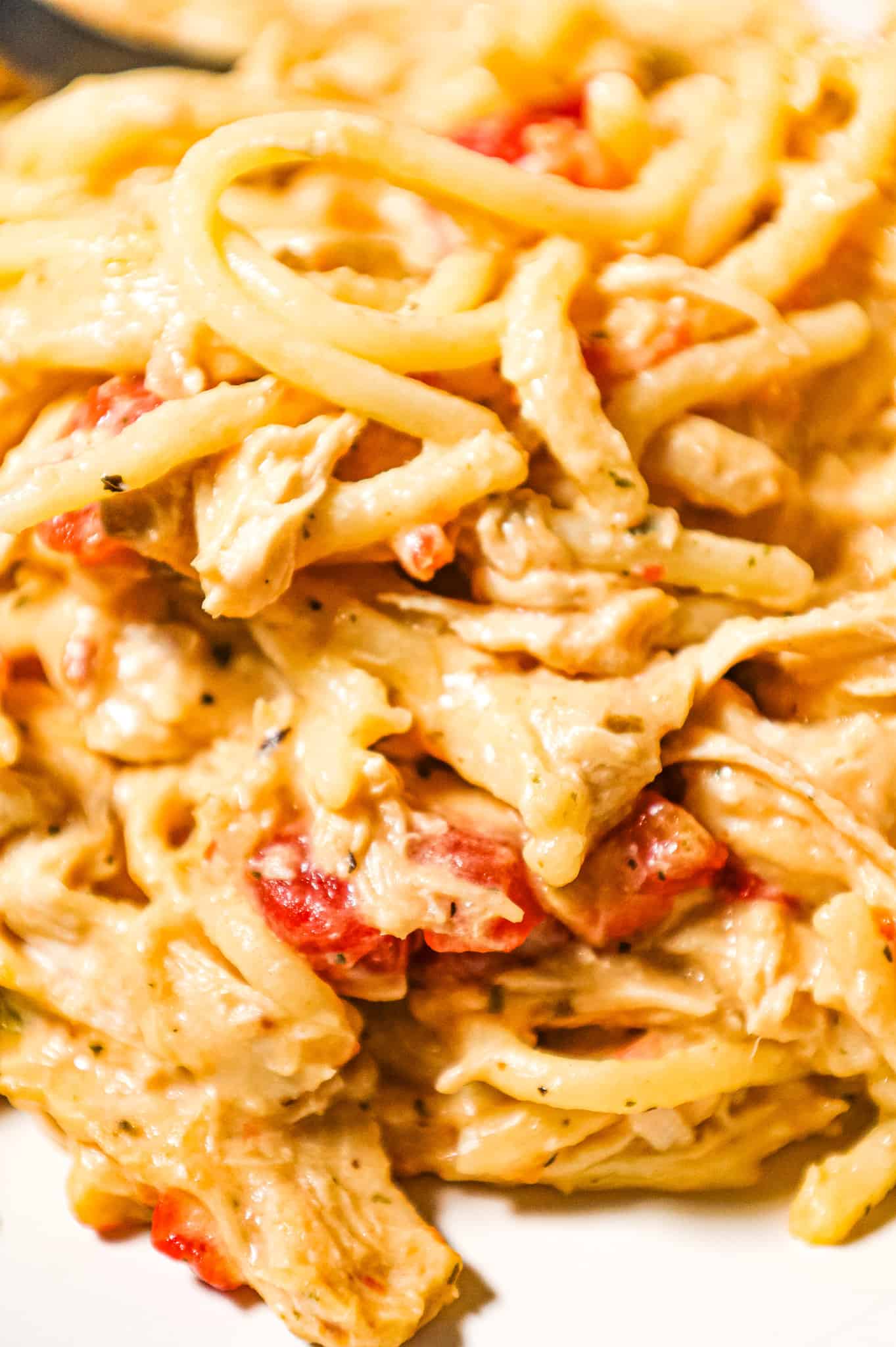 Crock Pot Chicken Spaghetti is a hearty slow cooker pasta recipe made with boneless, skinless chicken breasts cooked in a cream soup and cream cheese mixture and loaded with shredded cheese.