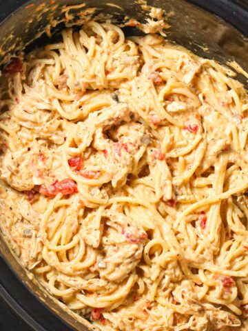 Crock Pot Chicken Spaghetti is a hearty slow cooker pasta recipe made with boneless, skinless chicken breasts cooked in a cream soup and cream cheese mixture and loaded with shredded cheese.