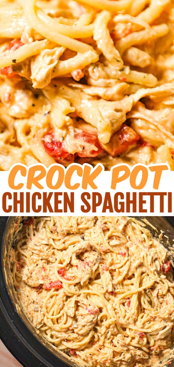 Crock Pot Chicken Spaghetti is a hearty slow cooker pasta recipe made with boneless, skinless chicken breasts cooked in a cream soup and cream cheese mixture and loaded with shredded cheese.