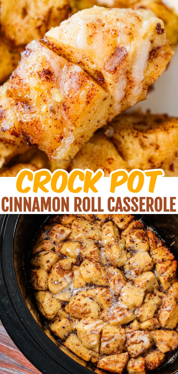 Crock Pot Cinnamon Roll Casserole is an easy slow cooker breakfast casserole recipe using Pillsbury cinnamon rolls cooked in a creamy egg mixture flavoured with maple syrup, cinnamon and orange juice.