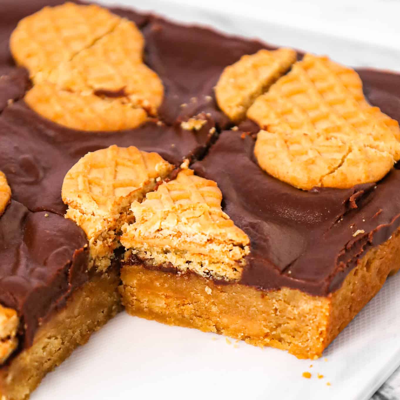 Nutter Butter Bars are a delicious dessert recipe with a layer of chewy peanut butter blondies topped with creamy chocolate and Nutter Butter cookies.
