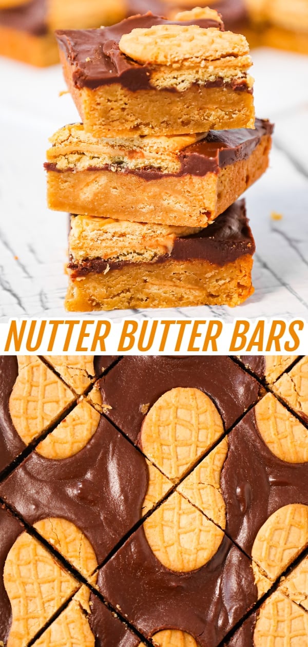 Nutter Butter Bars are a delicious dessert recipe with a layer of chewy peanut butter blondies topped with creamy chocolate and Nutter Butter cookies.