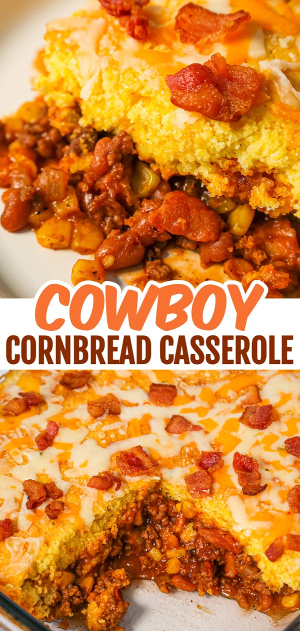 Cowboy Cornbread Casserole is an easy ground beef casserole recipe loaded with bacon, baked beans and corn with Jiffy cornbread baked on top.