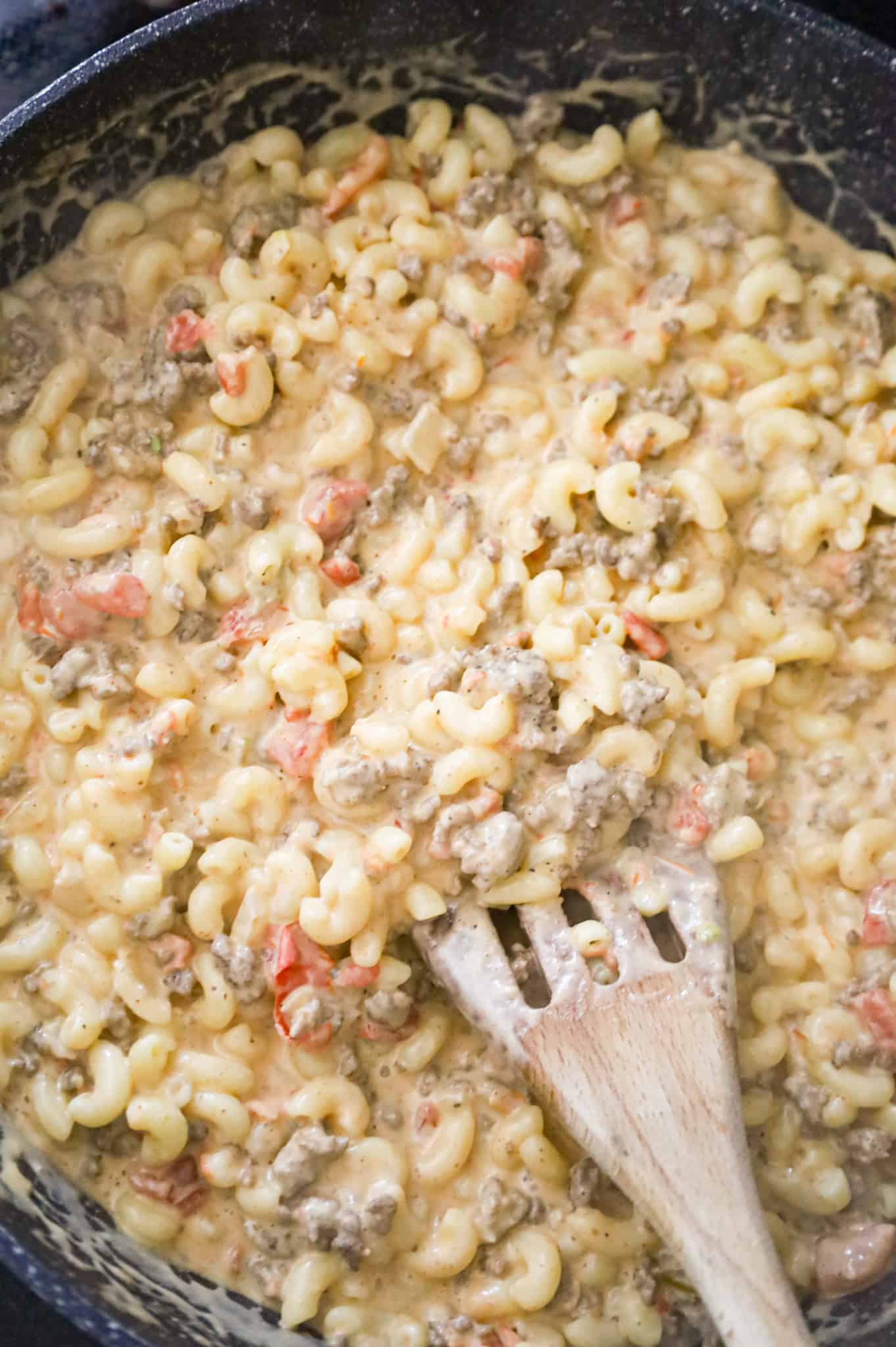 creamy ground beef macaroni in a skillet