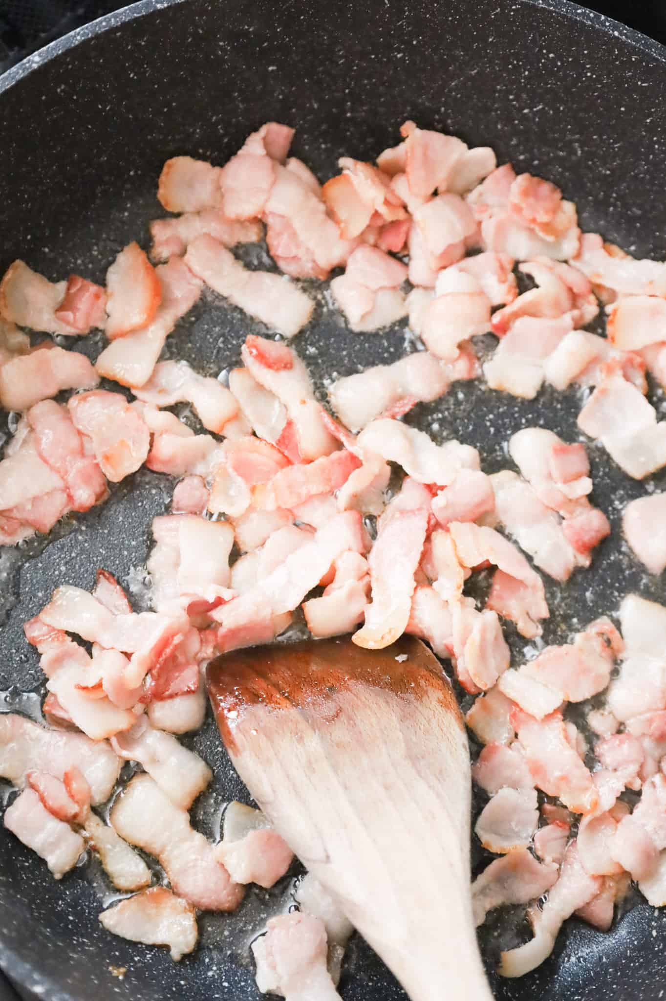 chopped bacon pieces cooking in a skillet