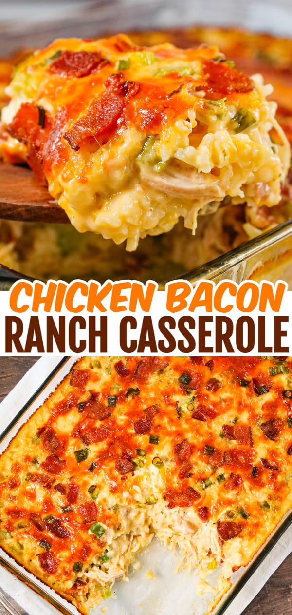 Chicken Bacon Ranch Casserole is a hearty chicken and rice casserole loaded with cream of chicken soup, cream of bacon soup, cheddar soup, ranch dressing mix, chopped bacon and shredded cheese.