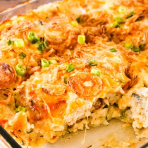 Pork Chop Casserole is a hearty one dish meal with a base of creamy instant rice topped with boneless pork chops, shredded cheese and crispy fried onions.