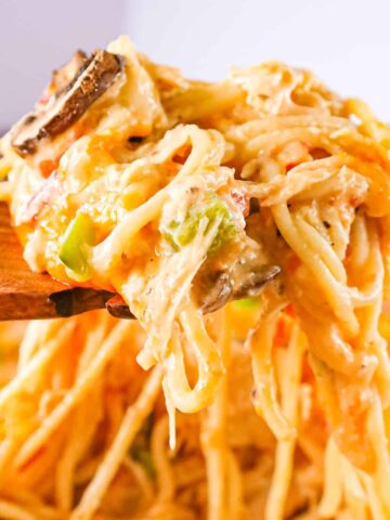 Texas Chicken Spaghetti is a hearty baked pasta recipe loaded with shredded chicken, cream of mushroom soup, cream of chicken soup, Rotel diced tomatoes and green chilies, diced green peppers, sliced mushrooms and shredded cheese.