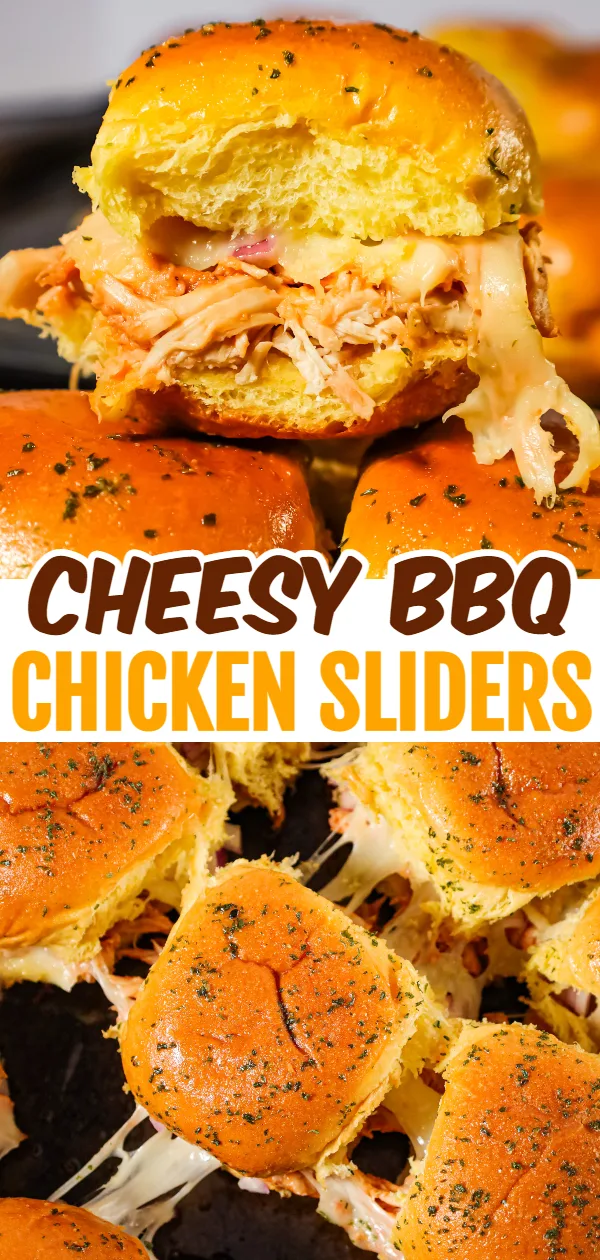 BBQ Chicken Sliders are an easy weeknight dinner recipe using rotisserie chicken tossed in BBQ sauce and baked on dinner rolls with Monterey Jack cheese.