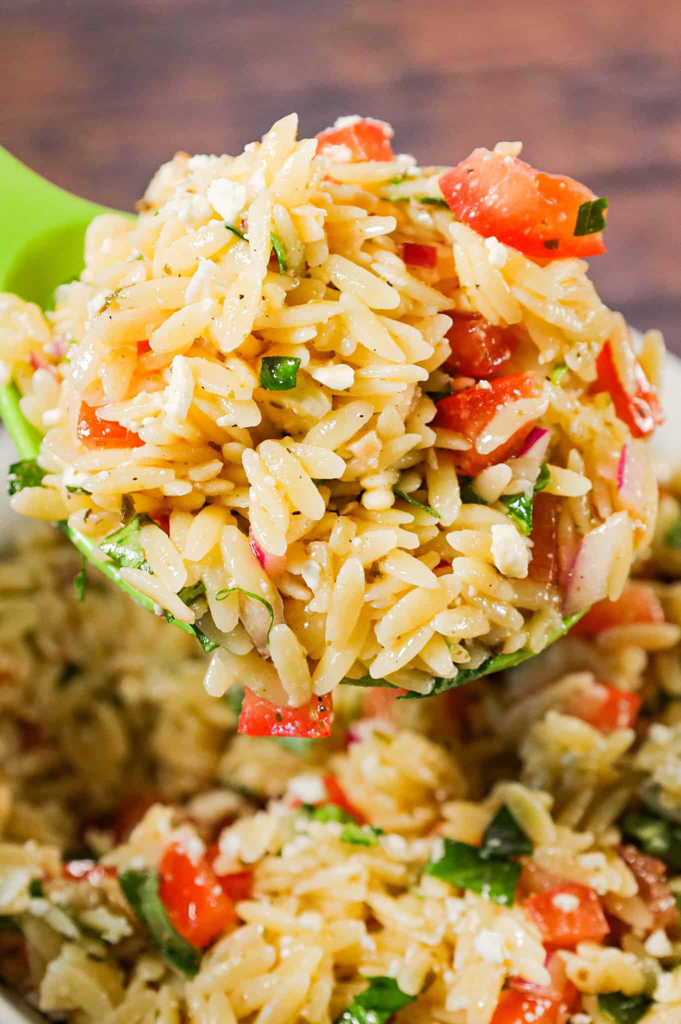 Bruschetta Orzo Pasta Salad is a tasty side dish recipe loaded with fresh diced tomatoes, red onions, fresh basil, garlic and feta cheese.